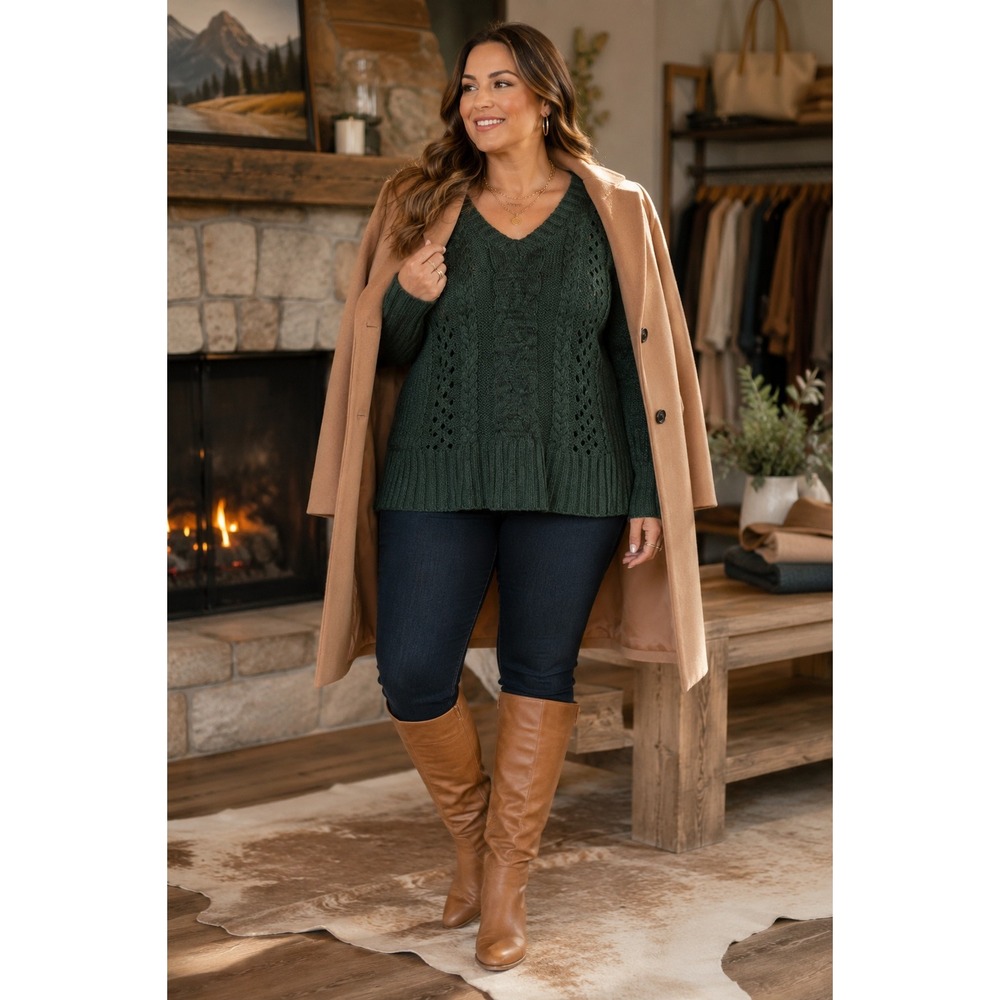 Nine West Jeans Forest Green Cable Knit V-Neck‎ Sweater Small Chunky Cozy